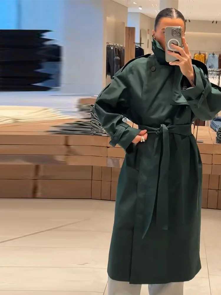 Chic Womens Long Trench Coat Stylish Stand Collar Belted Loose Windbreaker Outerwear Autumn New Dark Green Maxi Overcoat OutfitT251216
