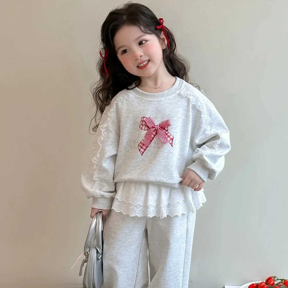 Sanrio Bear Leader Autumn Gray Long Sleeved Girls Clothing Korean Version Plain Lace Bow Decoration Top Pants Casual Two-piece Set H251216