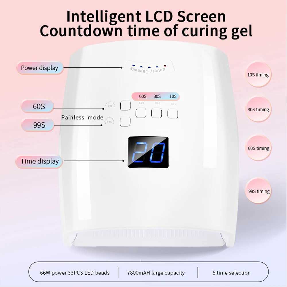 Wireless UV LED Nail Lamp 66W Lamp For Nail 33LEDS 7800mAh Rechargeable Curing Lamp with 4 Timer Settings Nail Art Manicure ToolT251216