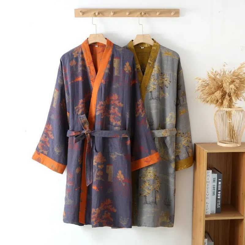 Cotton Kimono Robes with Belt for Mens Spring Jacquard Thin Printed Medium Length Breathable Summer Pajamas Mens Bathrobe C251216