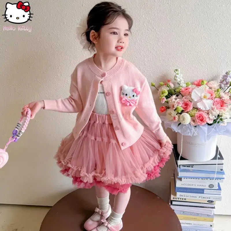 Sanrio Anime Cartoon Girls Clothing Hello Kitty Kuromi Knitted Cardigan Puffy Skirt Suit Kawaii New College Style Tutu Skirt2Pcs H251216