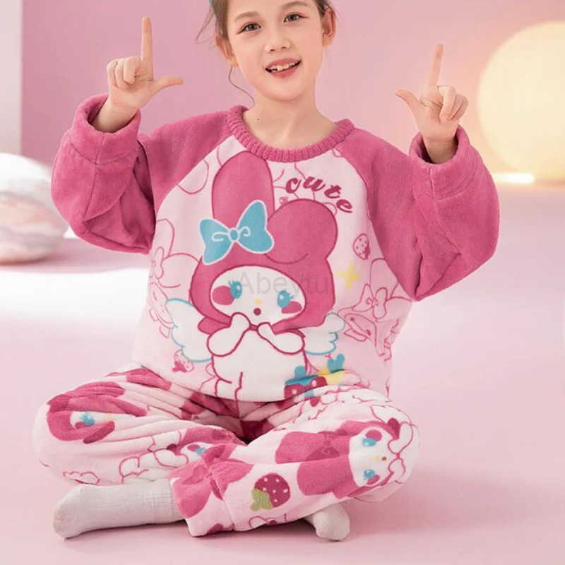 Sanrio Girls Sleepwear for Autumn and Winter Hello Kitty Tops Set Kawaii Y2k Anime Fashion 2-piece Childrens Clothing Outer H251216