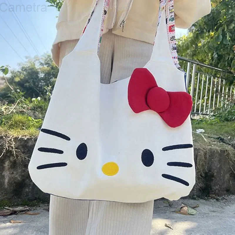 Sanrio hello kitty shoulder bag new canvas large capacity tote bag cartoon cute handbag girl storage bag shopping H251216