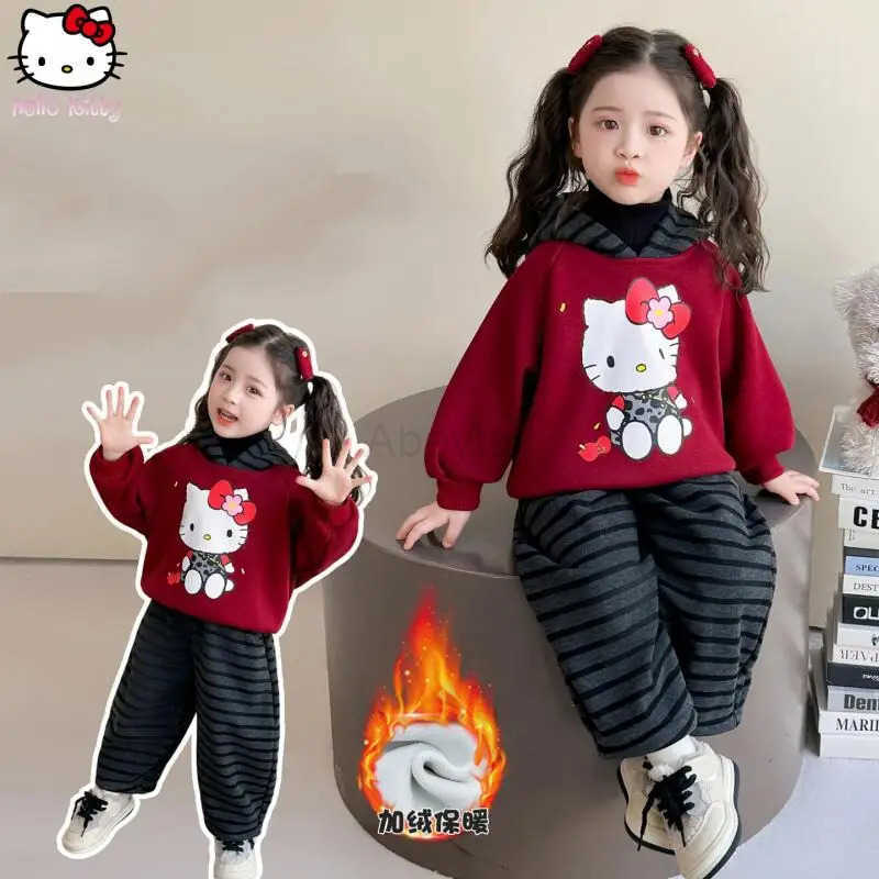 Sanrio Girls Thickened Kawaii Sweatshirt Pants Suit Cartoon Autumn Winter New Anime Warm Hooded T Shirt Striped Pant Two Piece Set Tops H251216