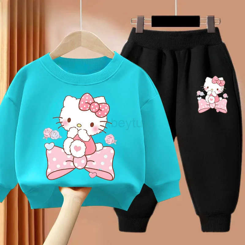 Sanrio Kitty Printed Girls Pullover and Long Pant Two Piece Sets Spring New Childrens Casual Sport Clothing Set Kids Casual Sweatsuit H251216