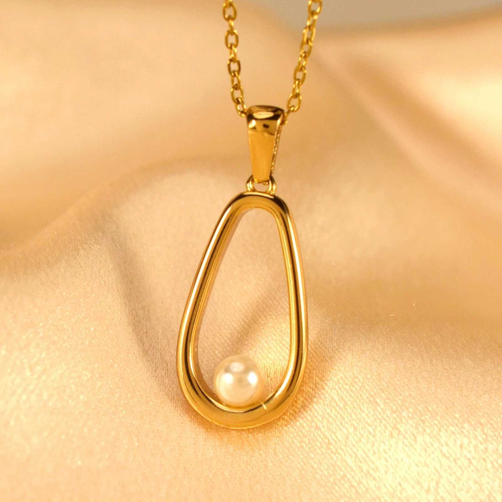 Womens Stainless Steel Necklace with Oval Imitation Pearl Water Drop Pendant Fashion Party Jewelry Gift M251216