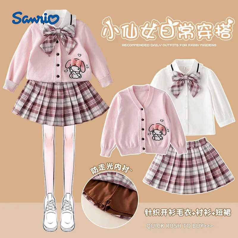 Sanrio Anime My Melody Autumn Girls Kids 3Pcs Set Sanrios Kuromi Fashion Kawaii Children College Style Cardigan Shirt Pleated Skirt Set H251216