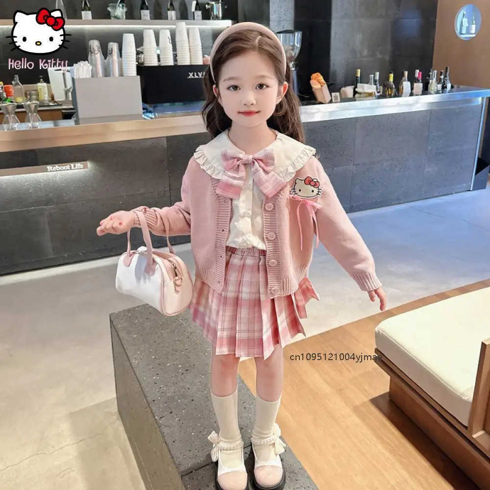 Sanrio 3Pcs Girls Jk Pleated Skirt Set Cardiganr Sweater Shirt Tie Uniform Hello Kitty Kuromi Sanrios Kids Fashion Autumn College Set H251216