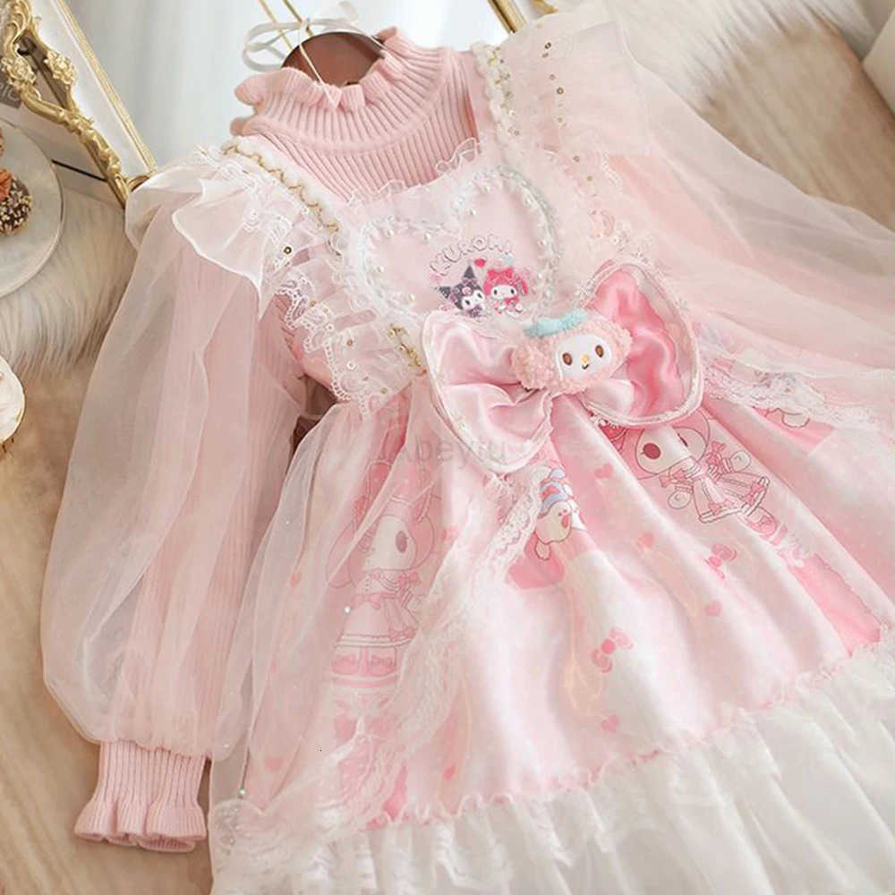 Sanrio Childrens Dresses Sanrios Anime 2024 Melody Kuromi Y2K Girls Dress Birthday Party Spring Kids Tulle Dress Lolita Princess Dress H251216
