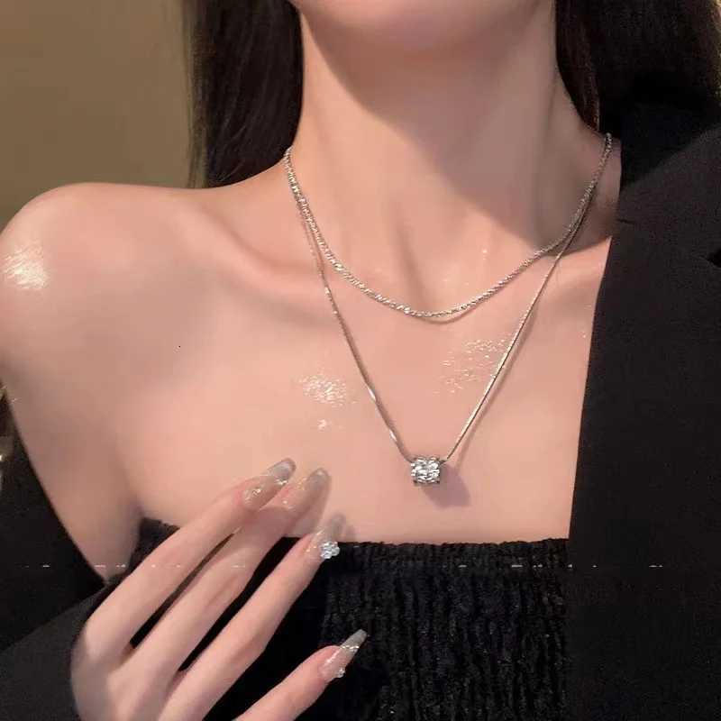 Stainless Steel Silver-Plated Double-Layer Necklace for Women Fashion Y2k Luxury CZ Pendant Necklace Clavicle Chain Jewelry Gift M251216