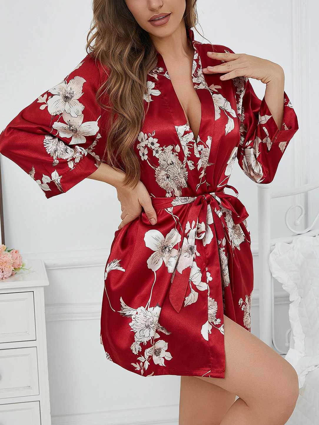 French-Inspired V-Neck Belted Robe Womens Lightweight Silk Loungewear Spring Floral Print Bathrobe with Flowy Sleeves C251216