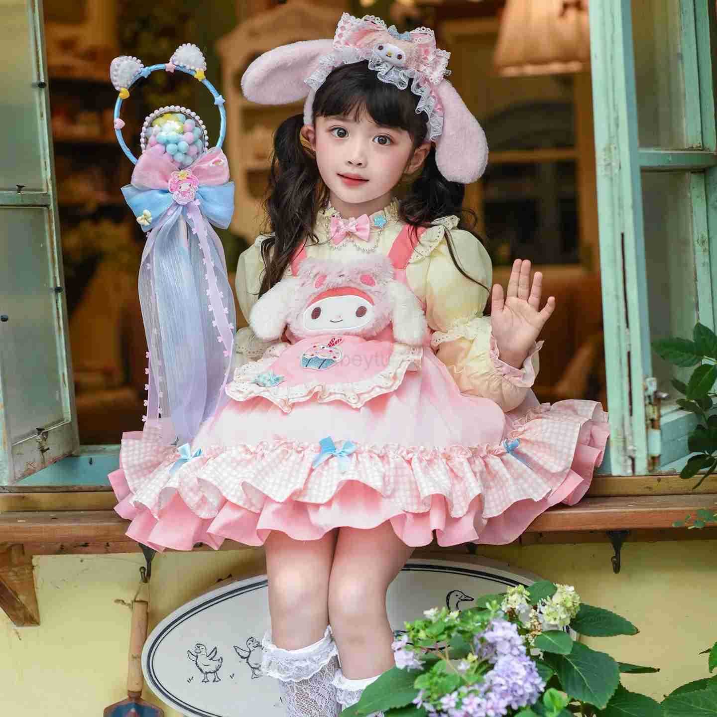 Sanrio Anime Melody Children Lolita Dress False Two-Piece Kawaii Cartoon High-Quality Long Sleeves Cosplay Costume Princess Xmas Gift H251216