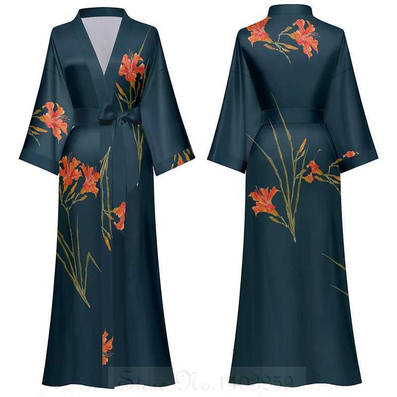 Black Print Flower Long Robe Nightgown Spring Summer Half Sleeve Kimono Bathrobe Gown Women Sexy Rayon Home Dress Loungewear C251216