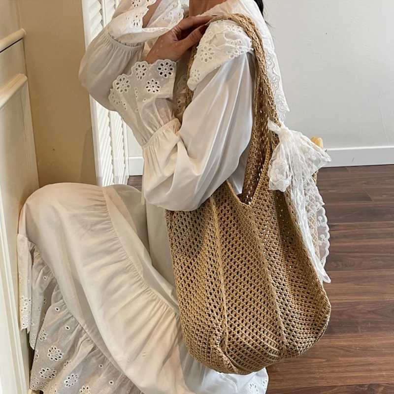 Women Crochet Tote Bag Fashion Knitted Large Capacity Woven Shoulder Bags Solid Color Simple Shopping Bag for Summer Beach M251216