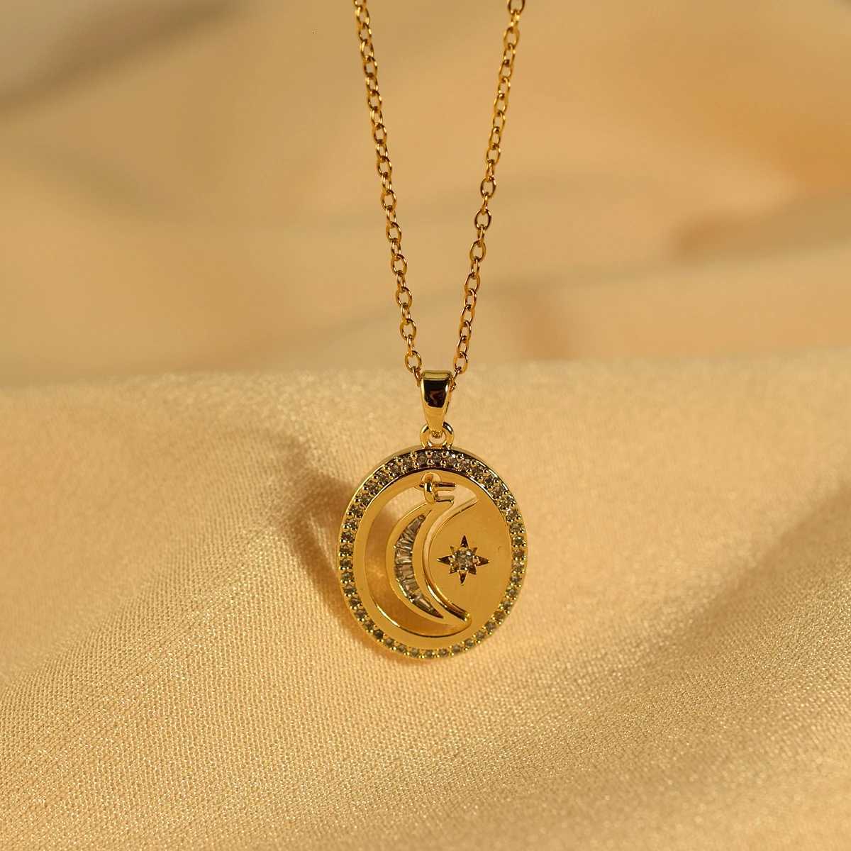 Womens Titanium Steel Chain Gold Plated Diamond Moon Star Round Half Necklace M251216