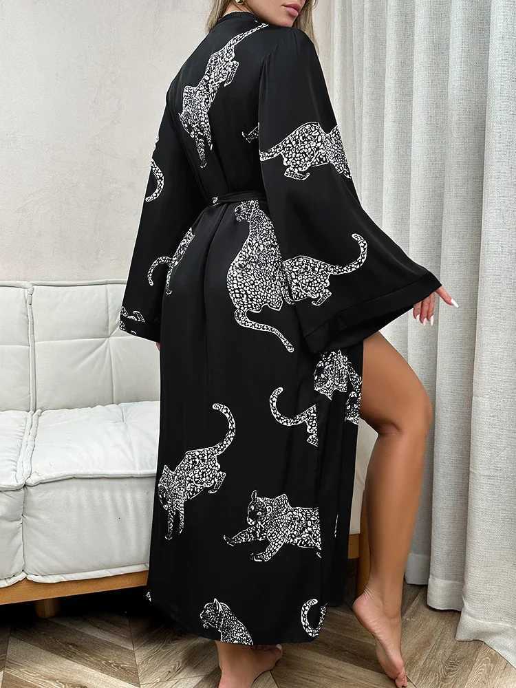 Long Satin Bathrobe Long Sleeve V Neck Belt Night Robe Cheetah print Night Dress Winter Warm Sleepwear Wedding Gifts For Women C251216