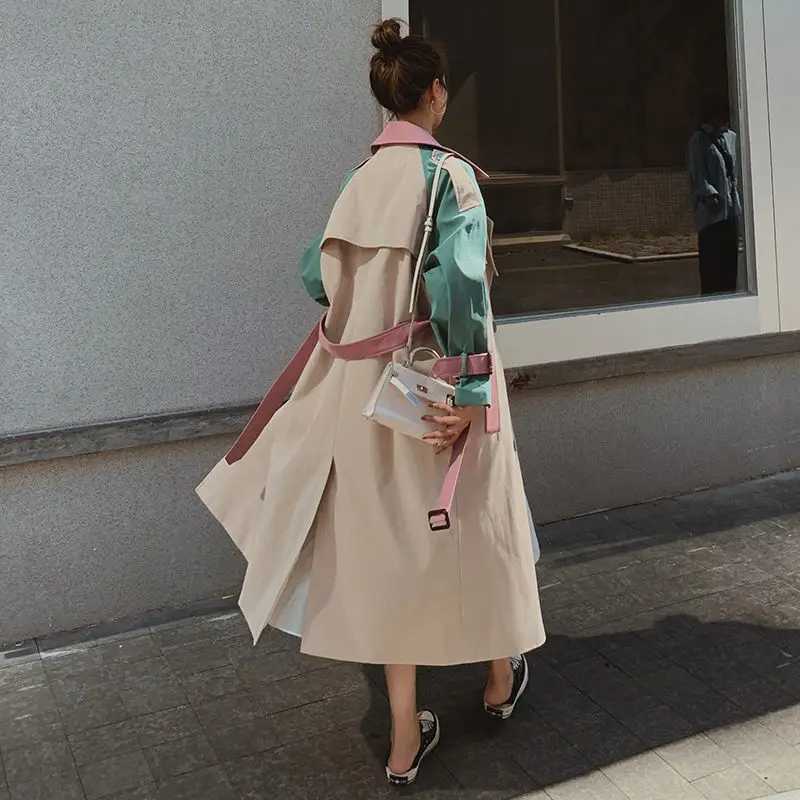 Female Spring Autumn New England Style Drape Trench Coat Color Block Windbreaker Jacket Womens Mid-LengthT251216
