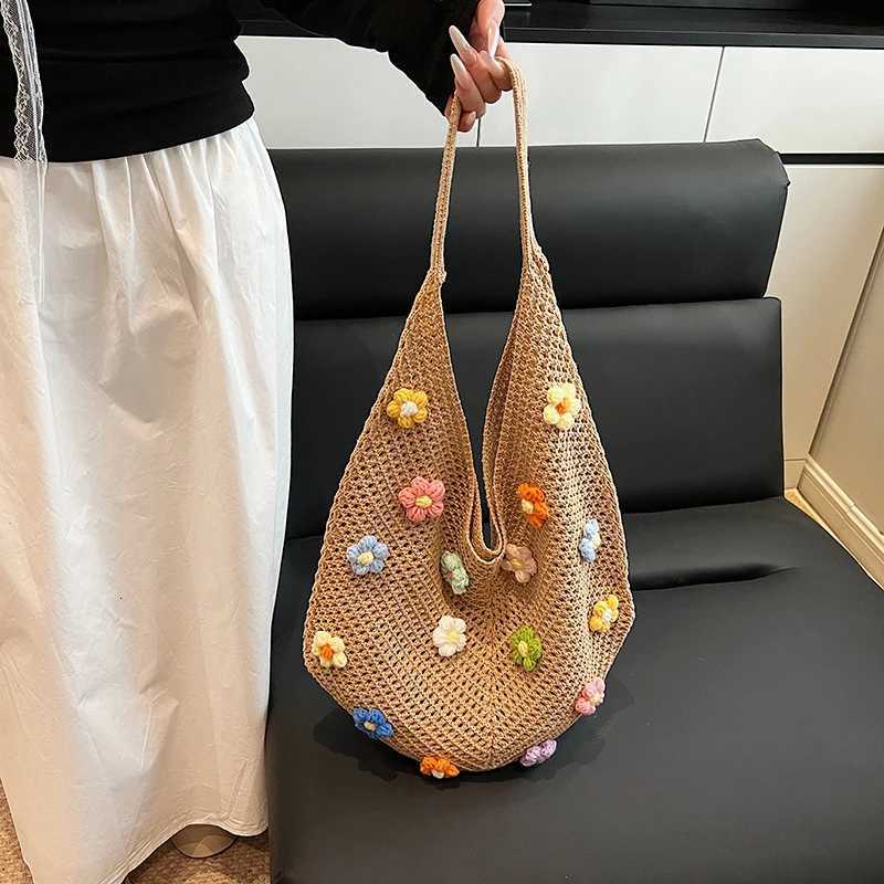 Women Flower Knitted Shoulder Bag Fashion Handbag Lightweight Crochet Tote Bag Casual Top Handle Bag Outdoor Travel Bag M251216