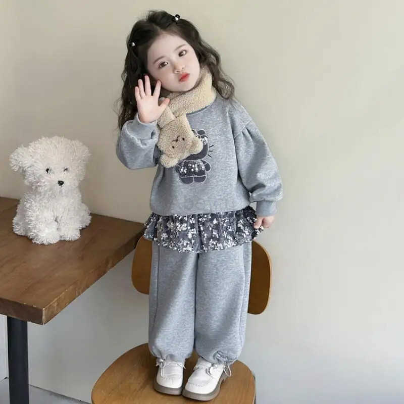 Sanrio Hellokitty Kid Plush Hoodie Set Cartoon Thickened Cotton-Padded Clothes Suit Anime Coat Sweatpants 2Pcs Cute Girl Gift H251216