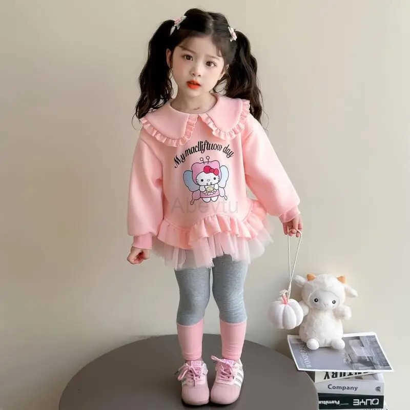 Sanrio Two-Piece Set Hello Kitty Spring Autumn Girl Cartoon Autumn Clothing Outdoors Sweet Cute Mesh Peter Pan Collar Hoodie Leggings H251216