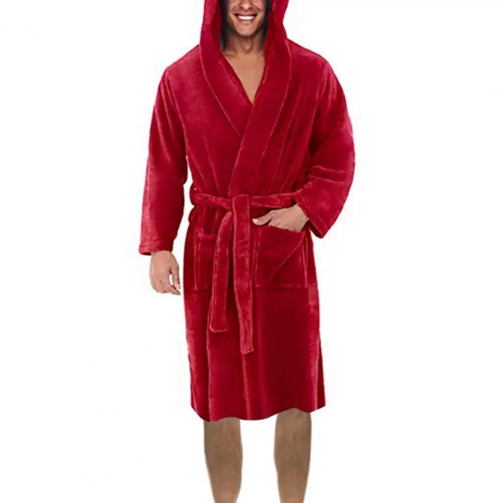 Men Bathrobe Winter Warm Hooded Long Sleeve Long Fleece Pocket Belt Solid Color Home Gown Sleepwear C251216