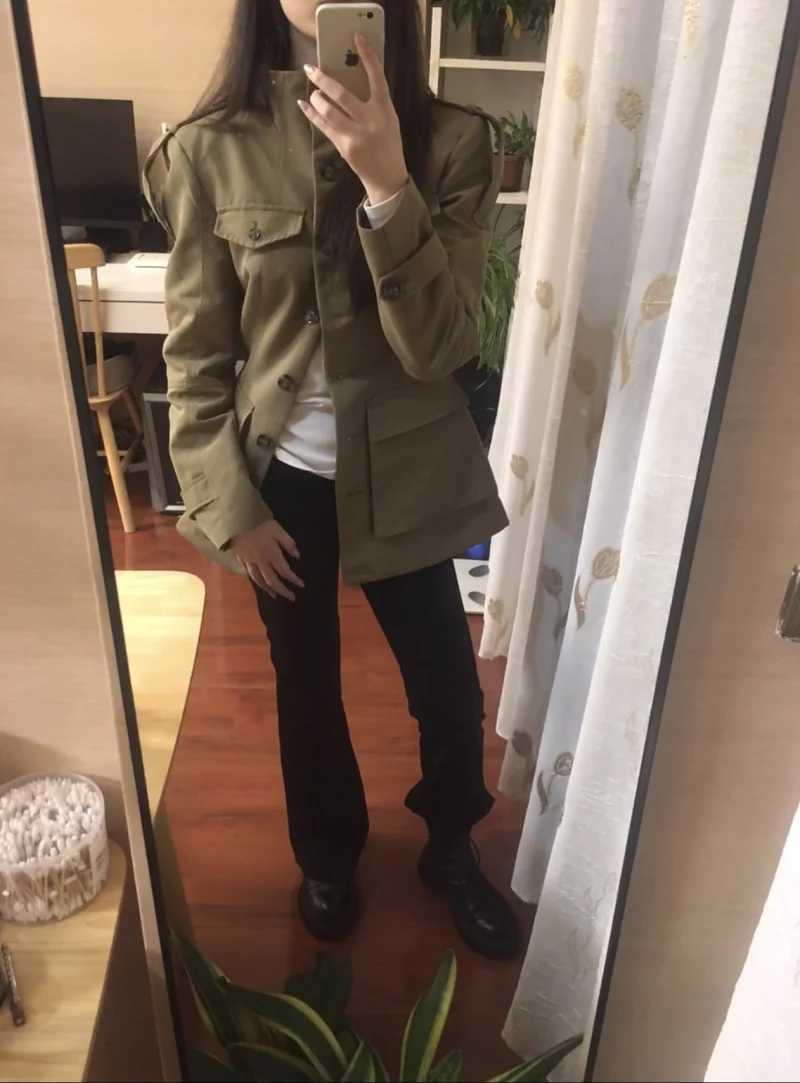 ETJ 2025 autumn new womens military style large pocket stand collar slim coat epaulettes decorated trench coatT251216