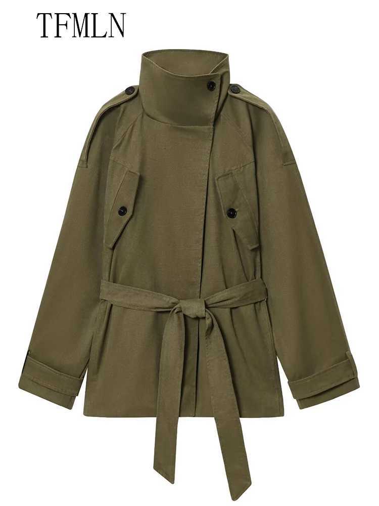 TFMLN 2025 Autumn Winter Women Lace Up Trench Coats Fashion Full Sleeve Pockets Causal Outwear Loose Stand Collar WindbreakerT251216