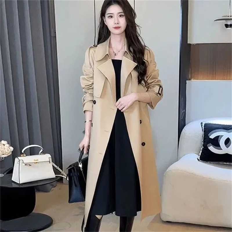 High end Trench Coat Womens 2025 Spring Autumn mid to long Fashion Temperament slimming double breasted Windbreaker SolidT251216