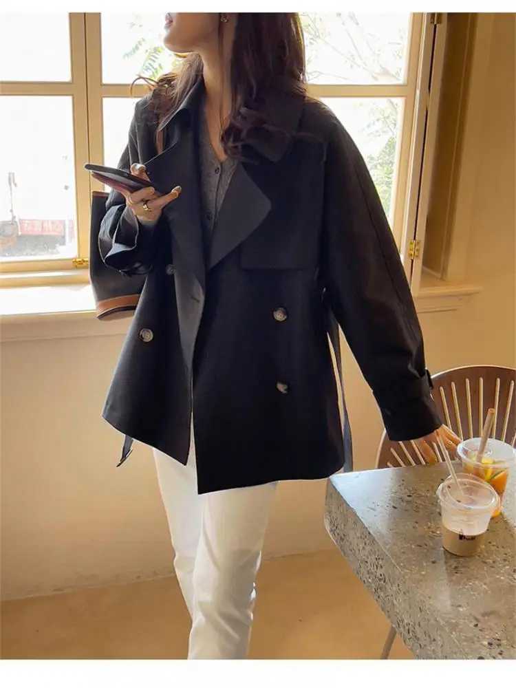 Black Double Breasted Windbreaker Coat Women Versatile 2023 Spring Autumn New Korean Loose Khaki Cardigans Jacket Trench CasualT251216