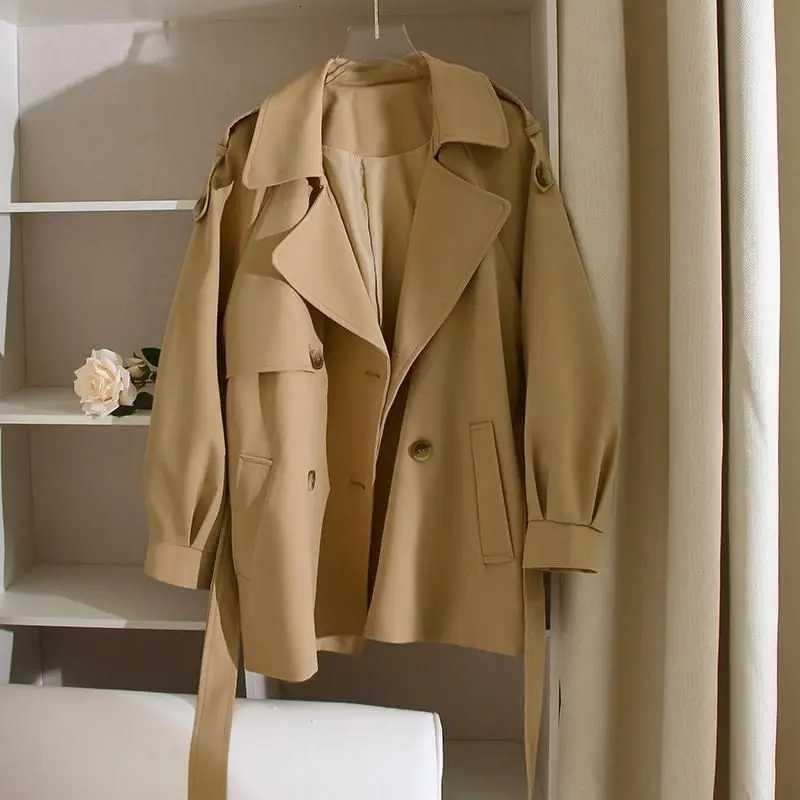 Korean Spring Autumn Female Lined Windbreaker Jacket Women New Loose Fitting Temperament Mid Length Version Windbreaker CoatT251216