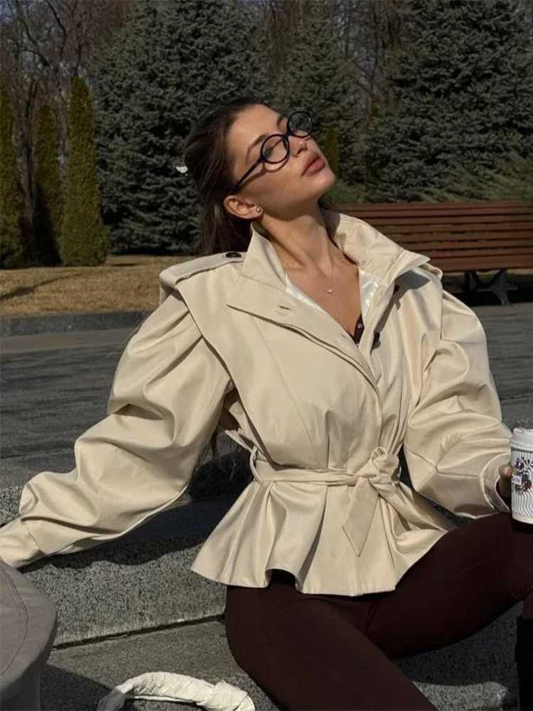 Solid Belted Loose Trench Coat Fashion Lapel Long Sleeve Zipper Button Bomber Jacket Lady Autumn High Street Windbreaker 2025T251216