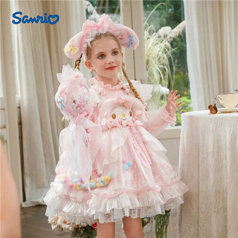 Sanrio Anime My Melody Girls Lolita Princess Dress with Bow Decoration Ruffled Tutu Skirt Layered Party Halloween Costume for Kids H251216