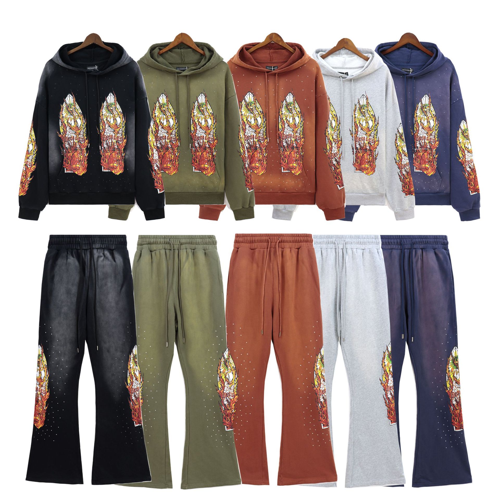 Loose fashionable washed-out casual distressed heavy-duty printed set retro men's hooded sweatshirt trend