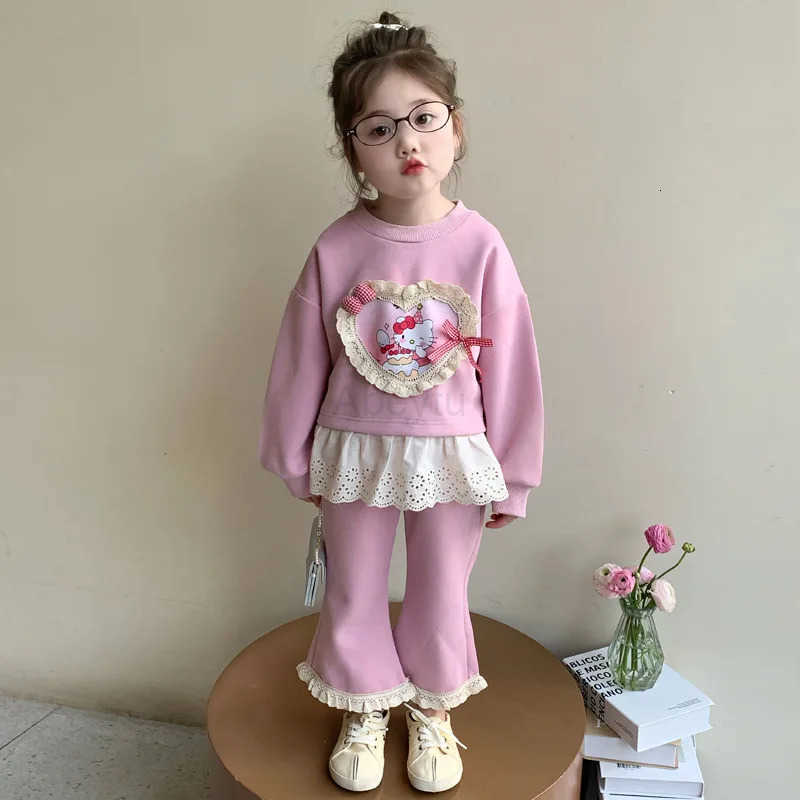 Sanrio Girl Clothes Set Autumn Kid Sweatshirts Pullover Hello Kitty Top Bell-bottoms Pants 2pcs Suit Children Sweet Tracksuits Outfit H251216