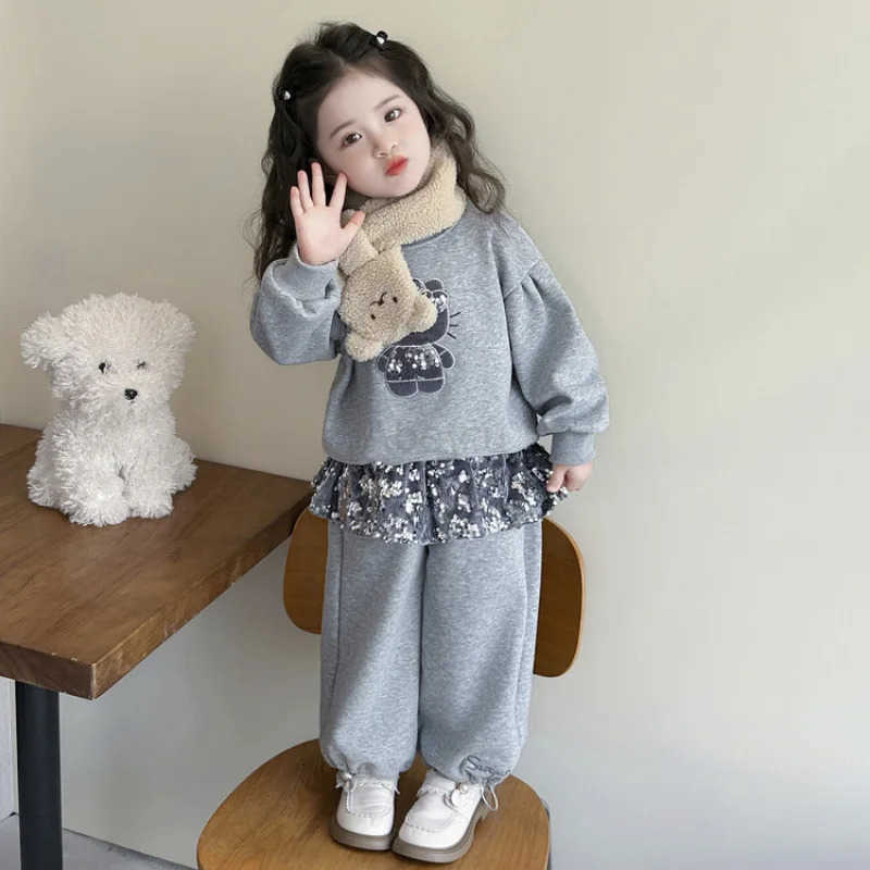 Sanrio Hellokitty Kid Plush Hoodie Set Cartoon Thickened Cotton-Padded Clothes Suit Anime Coat Sweatpants 2Pcs Cute Girl Gift H251216