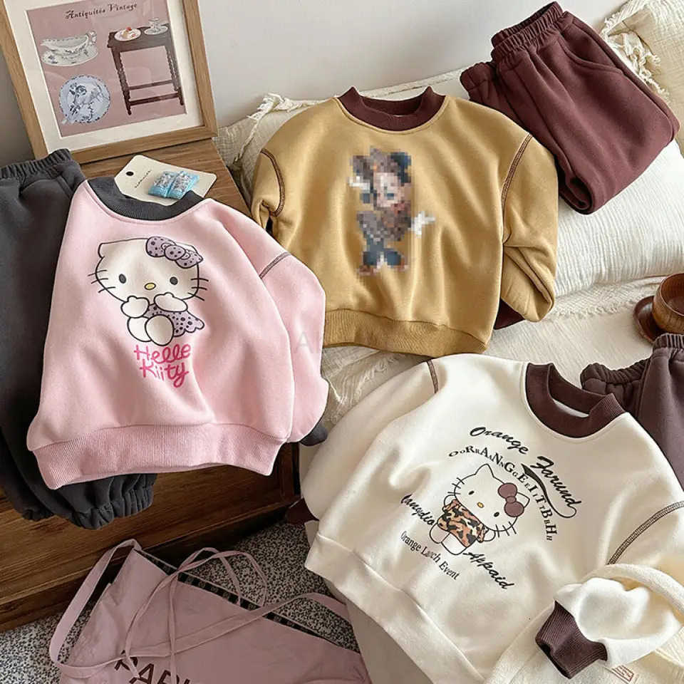 Sanrio Hello Kitty Childrens Clothing Cute Girls Hoodies and Sweatpants Two-Piece Set Fleece-Lined Winter Outdoor Versatile H251216