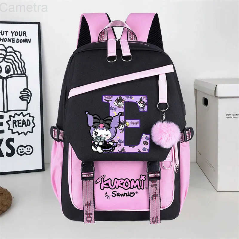 Sanrio Kuromi Large Capacity Backpack for Students Cartoon Letter A-Z Printed Schoolbag Fashion Book Stationery Storage Bag Gift H251216