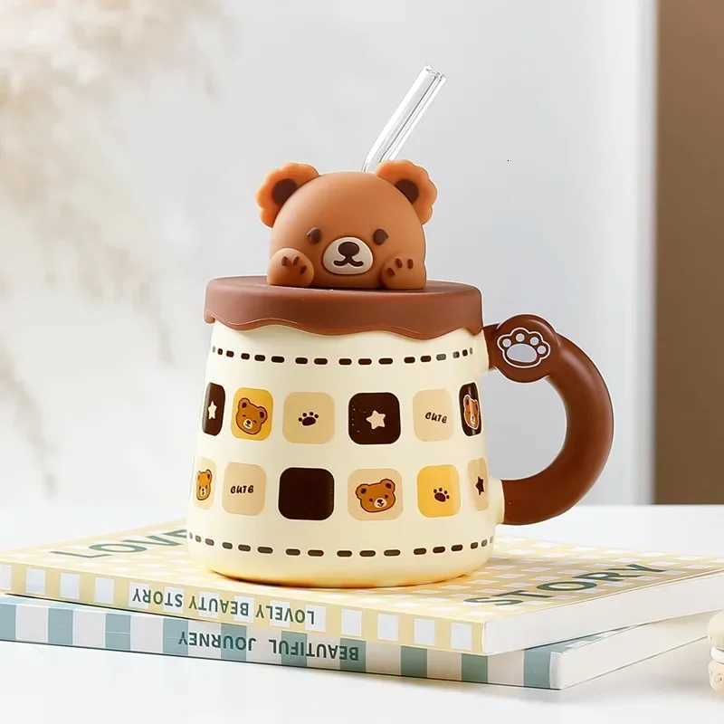 Kawaii Cup Cute Lovely Bear Ceramic g Large Capacity with Lid Coffee Cups Breakfast Milk gs Drinking with Straw Water Cup H251215