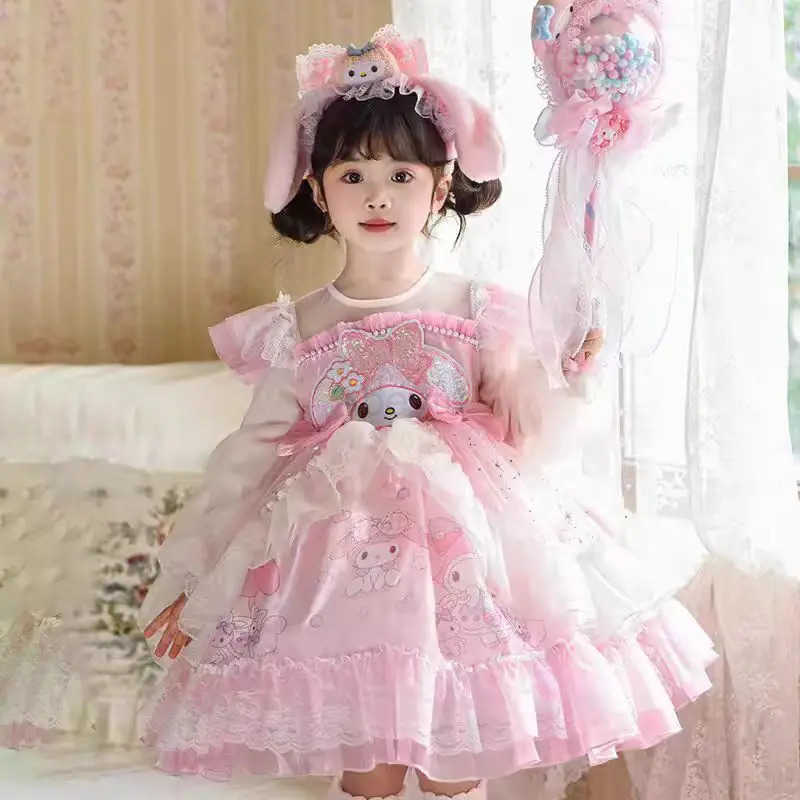 Sanrio Anime Melody Girls Lolita Dress Vintage Lace Party Dress for Kids Ruffled Cinnamoroll Princess Costume Yarn Skirt Holiday Gifts H251216