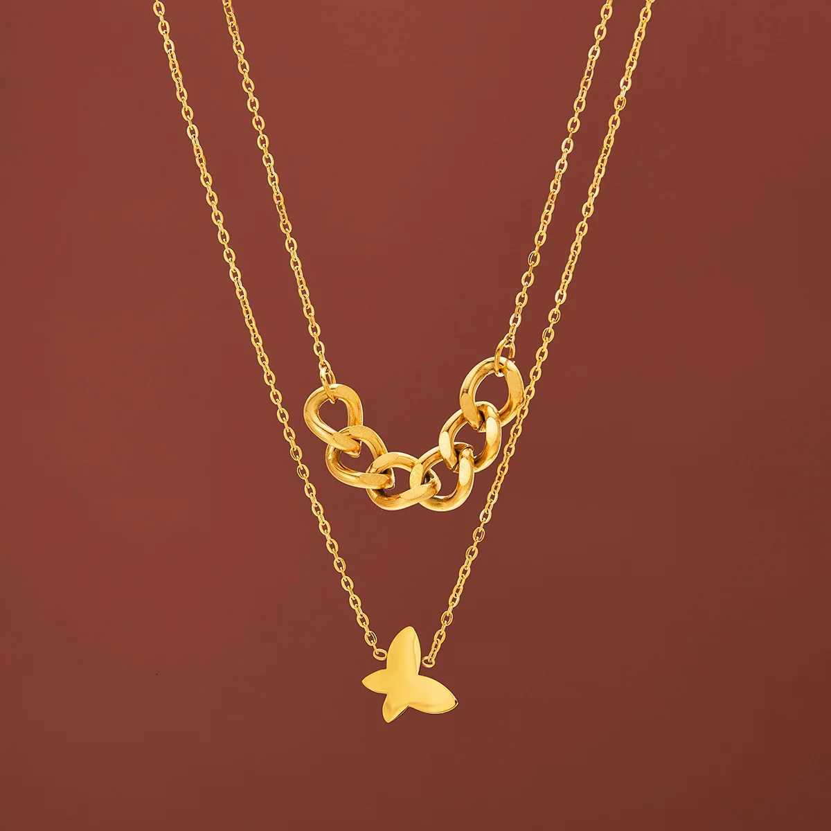 Double Layer Necklace Stainless Steel Gold Plated Butterfly Design Necklace M251216