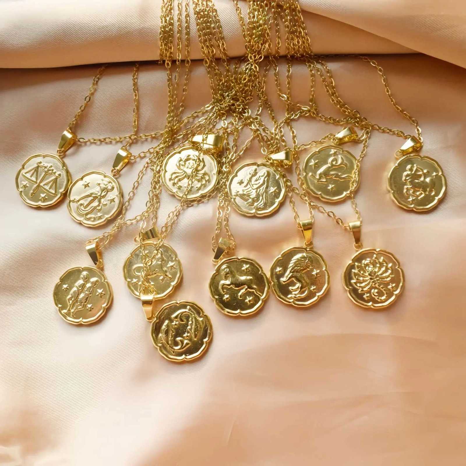 12 Constellation Flower Shape Design Pendant Necklace Stainless Steel Gold Plated Necklace M251216