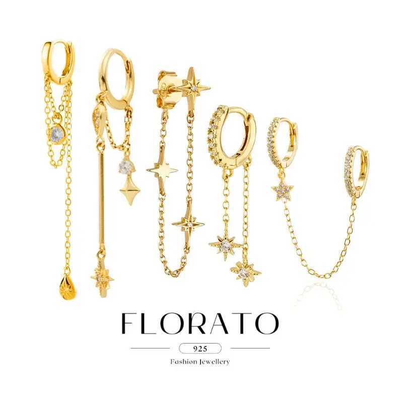 925 Sterling Silver Needle Eight-pointed star/star White Zircon Chain Earrings For Women Tassel Earrings Fashion Party Jewelry G251216