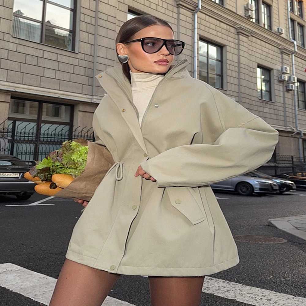 New in Stand-up Collar Medium Long Trench Coat Drawstring Waist Jacket European American Pure Cotton Trench Coat Jacket WomenT251216