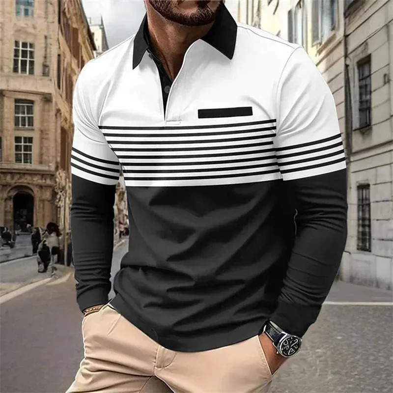 Polo graphic horizontal striped mens autumn and winter long-sleeved shirt Polo sports casual daily use 3d printed breathable bu 251211