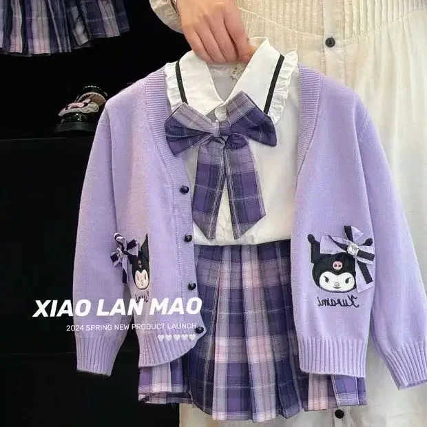 Sanrio Anime Girls JK Suit Spring New College Style Three-piece Set Cute Childrens Uniform Pleated Skirt Kuromi Kawaii Sweater H251216