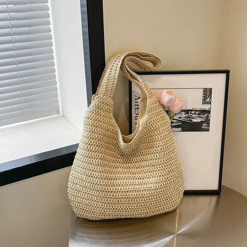 Solid Color Woven Tote Bag Hollow Out Breathable Shopping Straw Bag Lightweight Summer Beach Handbag For Women M251216