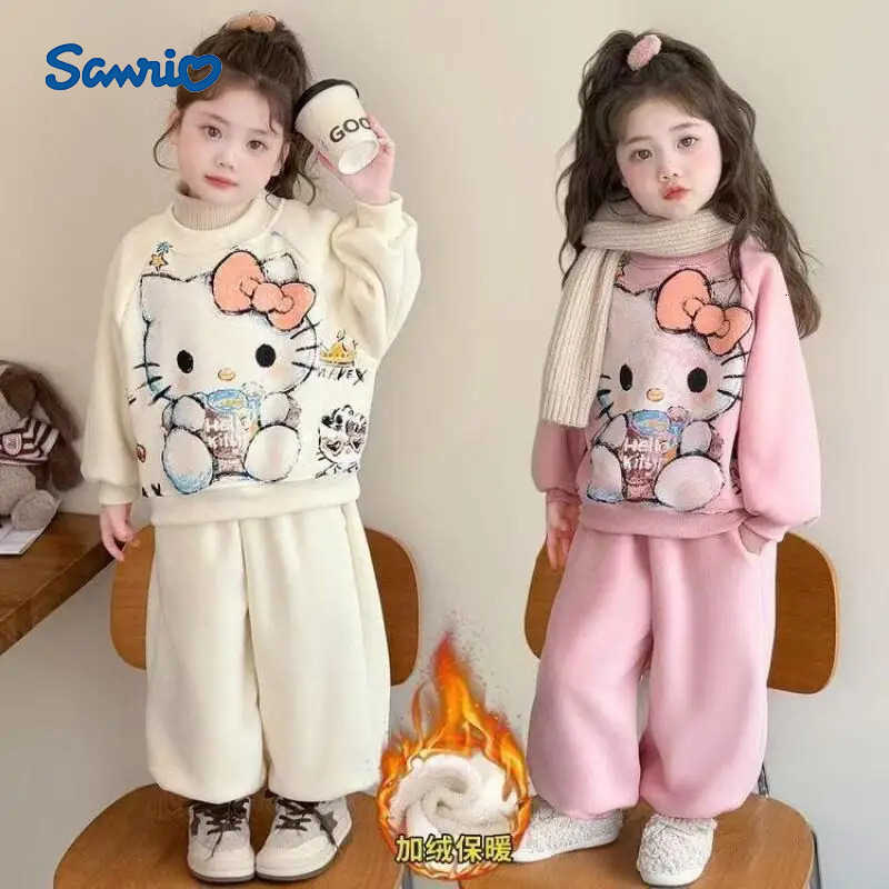 Sanrio Hot Girl Coat Set Hello Kitty Kawaii Anime Autumn and Winter Student Tops Long Pants Childrens Clothing 2-Piece Set New H251216