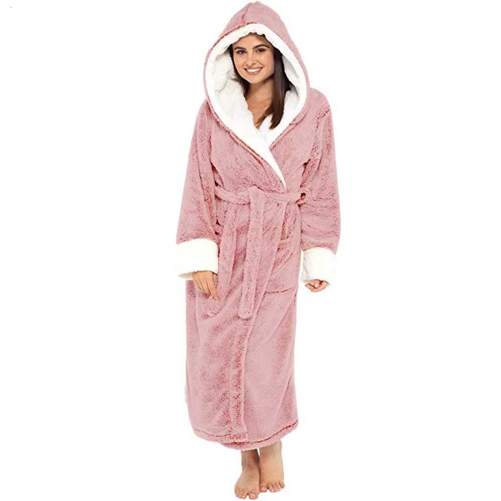 Thick Women Warm Bathrobe Robe Solid Hooded Ladies Dressing Gown Long Sleeve Soft Fluffy Cosy Flannel Bath Robes For Female C251216