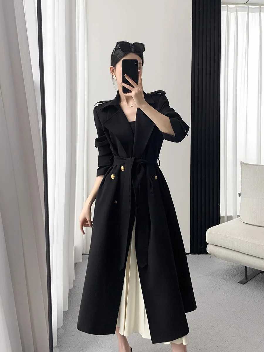 Lautaro Spring Autumn Long Black Trench Coat for Women Gold Buttons Double Breasted Elegant Chic Luxury Designer Clothes 2025T251216