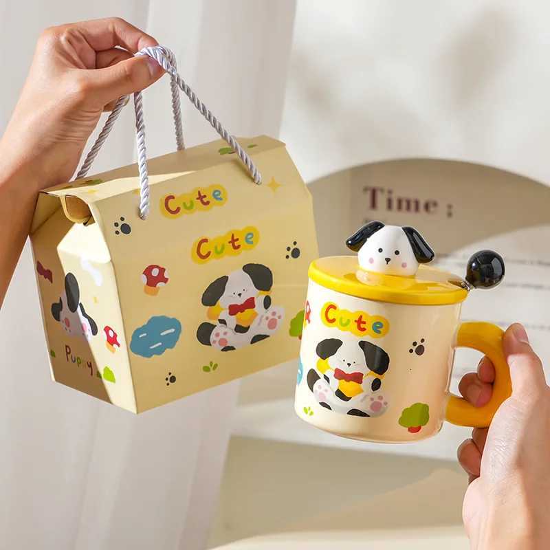 KitchenDining Bar High-value cartoon ceramic cup with lid for household ins style couple water cup creative hand gift box g H251215